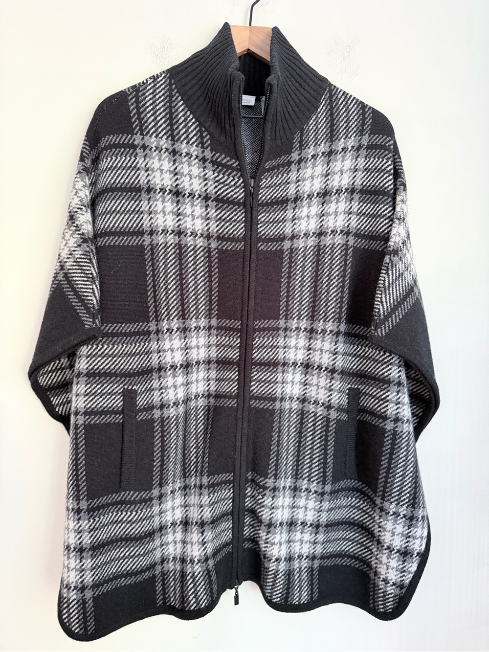 Kinross Wool Cashmere blend Poncho Cape Sweater One Size Plaid full zip